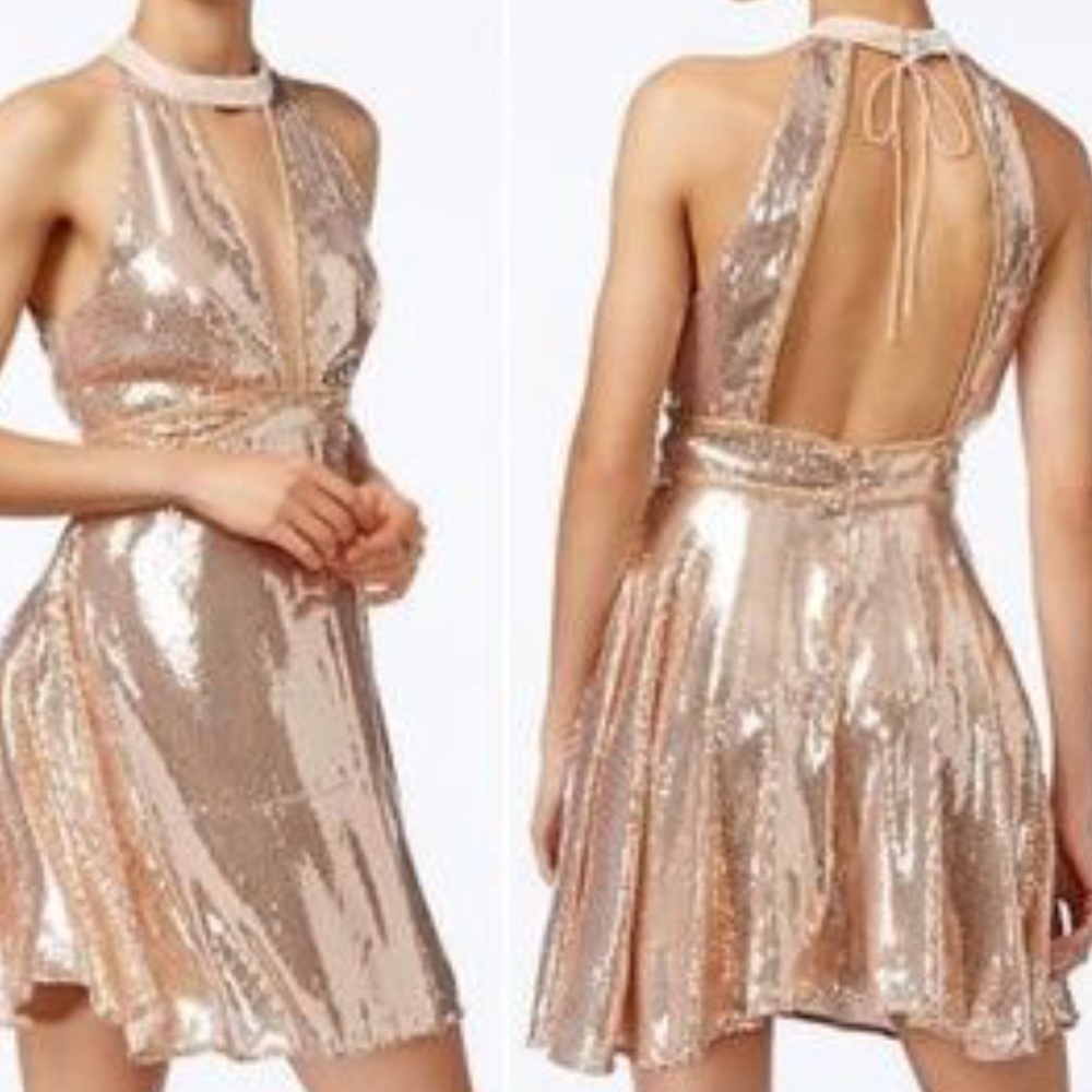FREE PEOPLE Film Noir Sequin Mini Dress Gold NWT - Picture 4 of 4